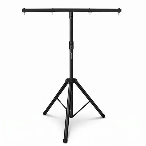 T-stativ för scenljus med en tvärstång 95 cm och höjd 100 till 180 cm med 4 fästen för lampor svart för reflektorer