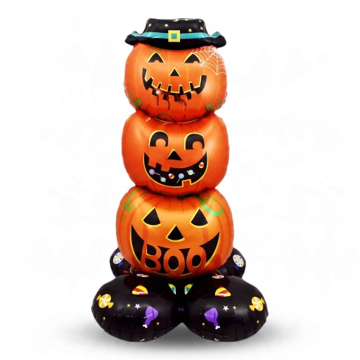 Uppblåsbar tre pumpor ovanpå varandra Stående ballong Halloweendekoration 56 x 102 cm Orange och svart med hatt Partydekoration för Halloween