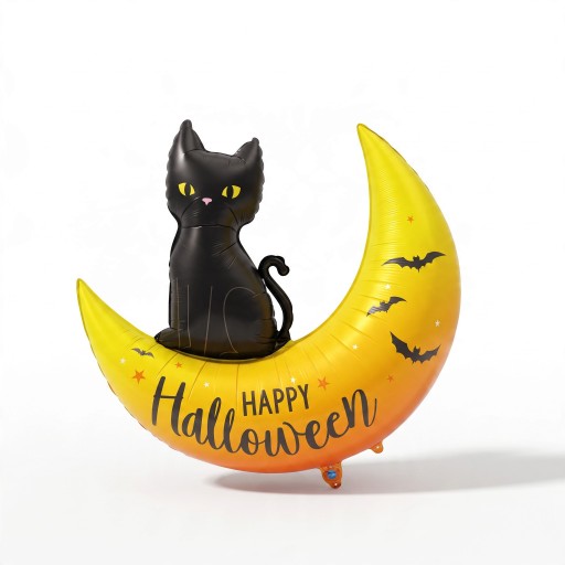 Stående uppblåsbar ballong Måne med svart katt Happy Halloween 75 x 78 cm Gul orange och svart Halloweendekoration för hemmet