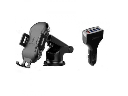 Trådlös bil-laddare 10 W med hållare för mobiltelefon Adaptern till tändaruttaget 18 W med fyra USB-portar Quick Charge 3.0