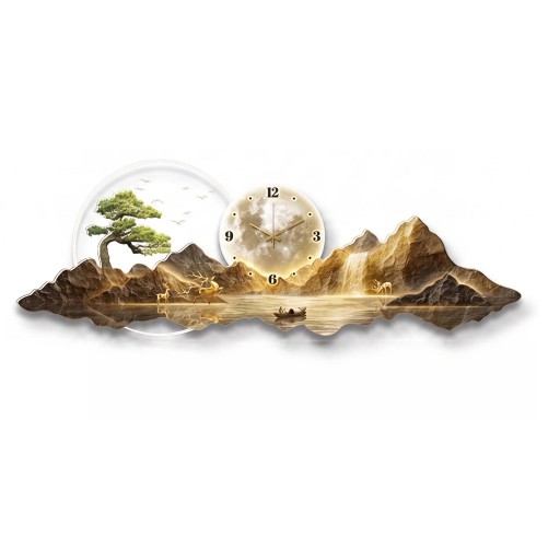 Horloge murale avec lumière LED 100 x 35 cm Montagnes avec arbre et lac Lumière blanche chaude Décoration murale moderne