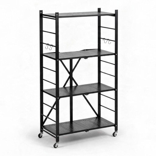 Folding Metal Shelf 4 Shelves 33 x 61 x 114 cm Swivel Wheels with Brake Carbon Steel Q235A Black For Garage and Kitchen