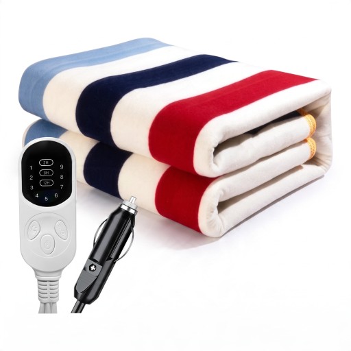 Couverture chauffante électrique pour voiture 12 V 50 x 150 cm Pour allume-cigare Télécommande numérique avec minuterie Blanche avec des rayures