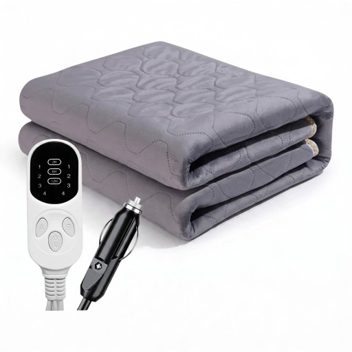 Couverture chauffante électrique pour voiture 12 V Commande à deux zones 4 niveaux et minuterie 120 x 150 cm Velours cristal Gris Pour SUV et camion