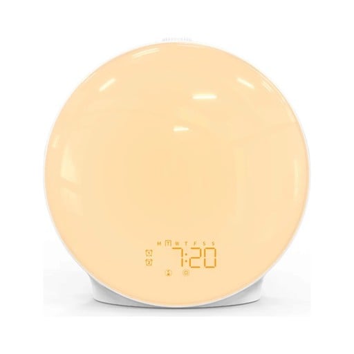 Réveil lumineux rond avec simulation de lever et coucher de soleil FM radio 7 sons pour le réveil 7 couleurs de lumière 2 réveils port USB Blanc
