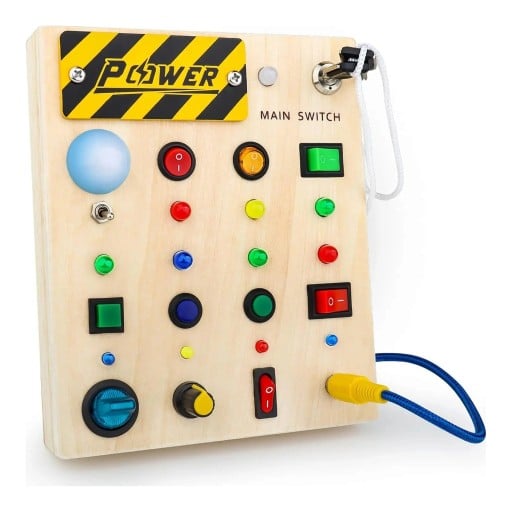 Tabuleiro Montessori ocupado com luzes LED 17 x 14,5 x 2,8 cm Tabuleiro de madeira com interruptores de chave e tomada Brinquedo para a motricidade