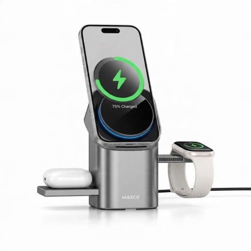 Magnetyczna bezprzewodowa stacja ładująca 3w1 Qi2 15 W dla iPhone, Apple Watch i AirPods, Wysuwane ładowarki, Szara, Kompaktowy stojak na stół
