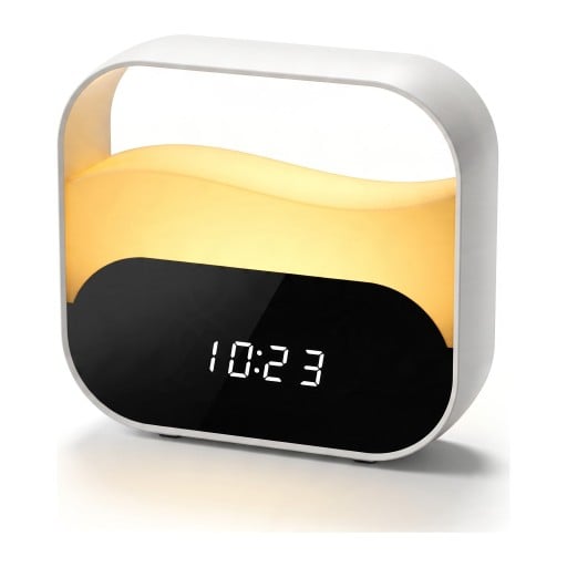 Réveil numérique avec lumière nocturne et simulation de lever de soleil 3 couleurs de lumière 2 réveils Batterie 2000 mAh 11 x 3,2 x 11,8 cm Blanc