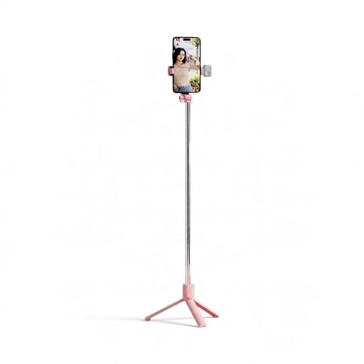 Selfie tyč se stativem a LED světlem s Bluetooth ovladačem Hliníková teleskopická tyč Otočný držák telefonu 360° Růžová na cesty