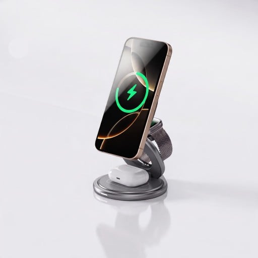 Metalowa magnetyczna bezprzewodowa stacja ładująca 3w1 Qi2.2 25 W Obrotowa o 360° Składana dla iPhone Apple Watch i AirPods