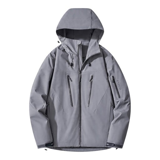 Nepromokavá bunda s kapucí a vysokým límcem na zip s kapsami na zip na hrudi i rukávu a stahovacím lemem unisex