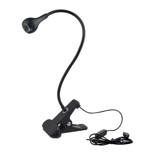 LED lampe med klip og fleksibel gåsehalshals USB 5 V Strømledning 118 cm med kontakt Højde 27,6 cm Hvidt lys Til bord, bog og seng
