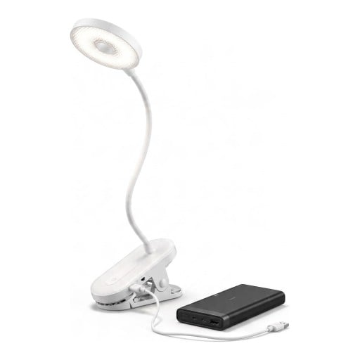 Aufladbare LED-Lampe mit Clip Rundlicht 8,6 cm Flexibler Arm 39,5 cm 1200 mAh USB-C Ein-Touch-Taste Weiß Zum Lesen und für den Tisch