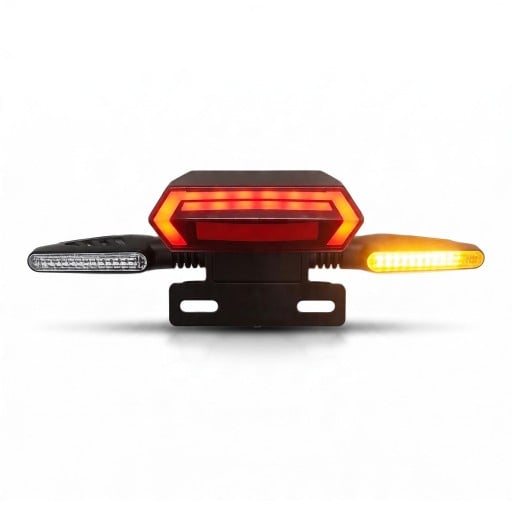 Zadní LED světlo na elektrokolo s blinkry 22 až 80 V Brzdové a koncové světlo Šířka 295 mm Plast Černé Krytí IPX5 S držákem na nosič