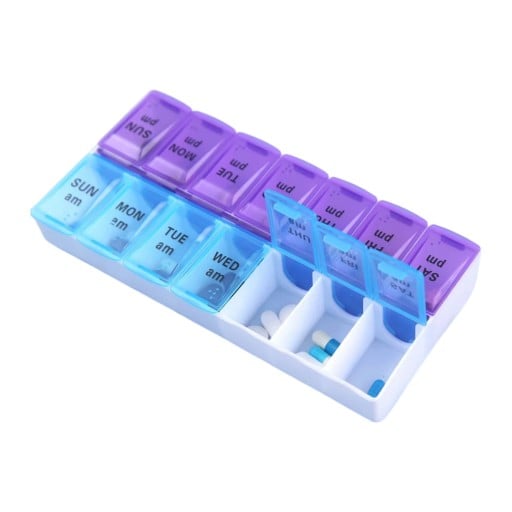 Grand distributeur de médicaments hebdomadaire pour 7 jours avec 14 compartiments Matin et soir Boîte à comprimés 17,5 x 8,5 x 3 cm Plastique PP Bleu
