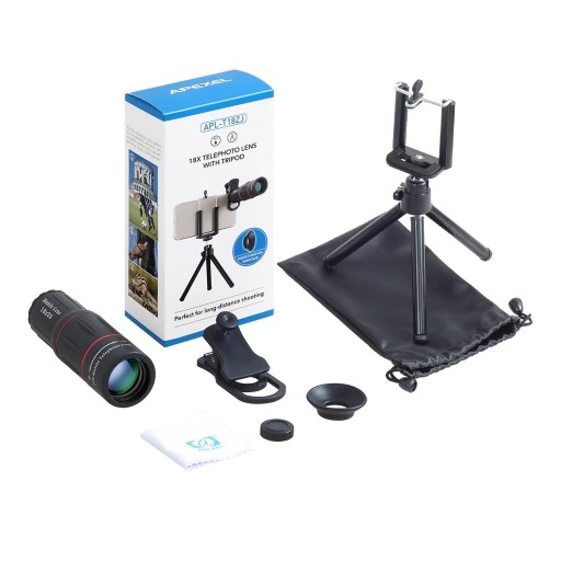 Teleobjetivo para móvil 18x con trípode Monocular 18x25 con enfoque manual Clip universal y soporte para teléfono Negro para iOS y Android