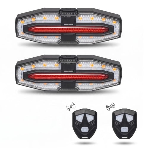 2 darab hátsó LED kerékpárlámpa irányjelzőkkel és 2 vezeték nélküli távirányítóval 9,6 x 3,3 cm 5 üzemmód USB-C IPX6 Műanyag ABS Fekete Üléscsőre