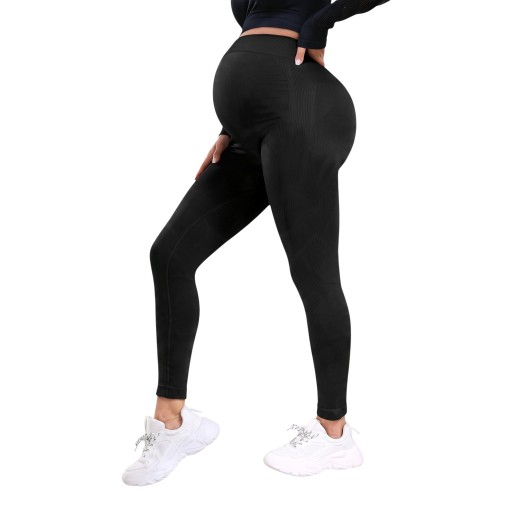 Maternity Leggings with High Waist Over Bump Elastic Leggings for Pregnant Women with Perforated Side Stripes Long