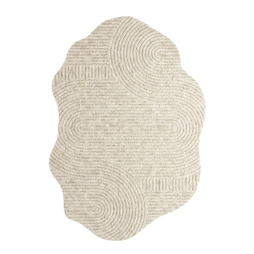 Minimalistisk tæppe i uregelmæssig form Mønster af koncentriske buer 160 x 80 cm Polyester Cremebeige med bølget kant