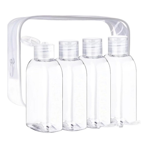 Set of 4 Travel Bottles 100 ml with Flip Top Cap Clear Zip Bag and Labels for Shampoo and Shower Gel