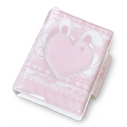 Mini fotoalbum na fotokartičky 10,5 x 7,7 x 3 cm Průhledné kapsy Zapínání na patentku Růžový obal se srdíčkem a králičími oušky