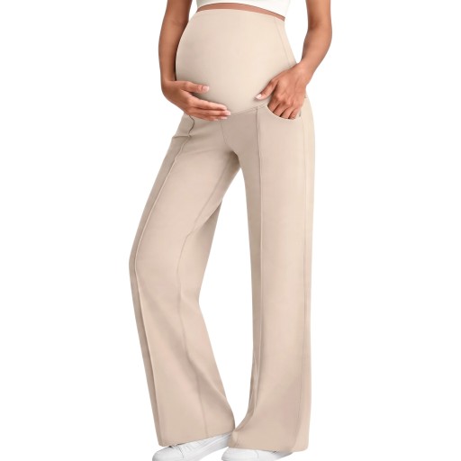 Pantalons de grossesse pour femmes avec jambes larges et taille haute élastique sur le ventre, pantalons avec poches et plis