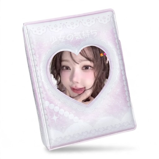 Mini pořadač na fotokarty 10,5 x 7,7 x 3 cm 16 stran PVC Levandulový obal s okénkem ve tvaru srdce a krajkou Album na fotokartičky