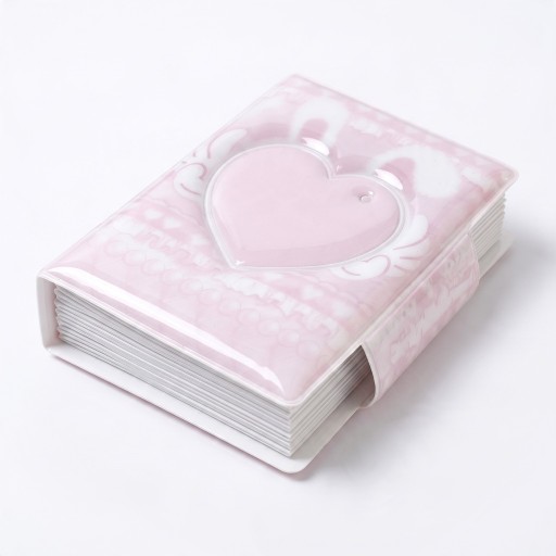 Mini pořadač na fotokarty 10,5 x 7,7 x 3 cm 16 stran PVC Růžový obal se srdíčkem a křidélky Zavírací pásek Album na fotokartičky