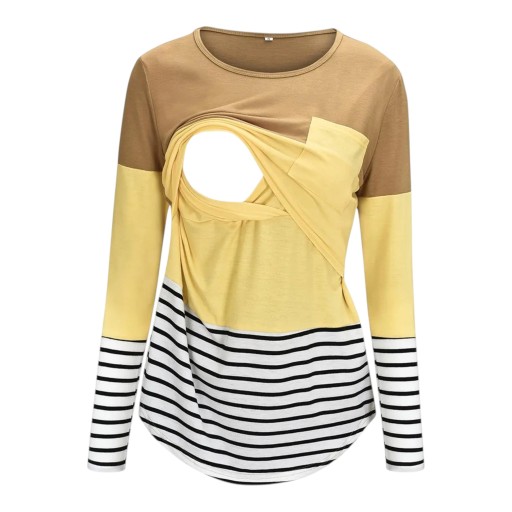 Camisola de amamentação feminina com mangas longas e abertura oculta para amamentação, camisola riscada com bolso no peito e decote
