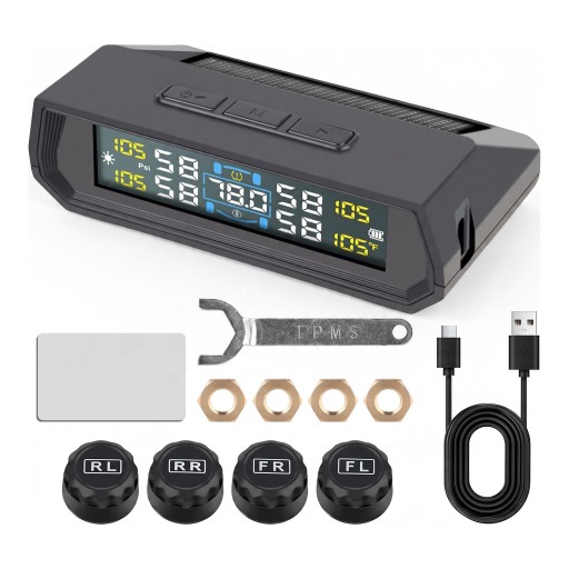 Solar TPMS T17 mit 4 externen Sensoren Monitor für Druck und Temperatur der Reifen 9,6 x 5,7 x 2,9 cm LCD-Display USB-C Aufladung Schwarz Für Autos
