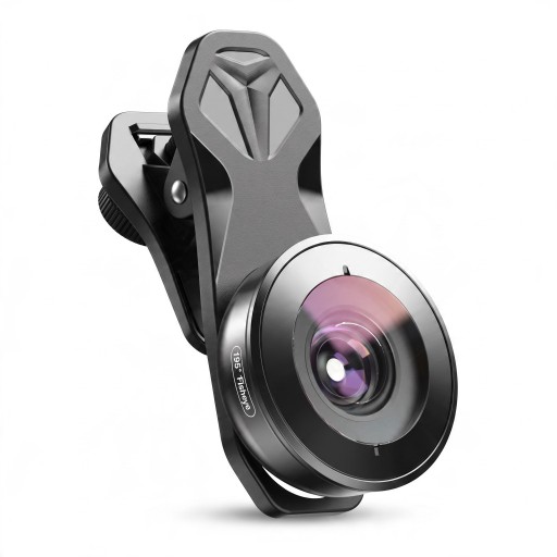 Fisheye objektiv til mobil 195° med universalklip Optiske glaslinser Aluminiumskrop Sort Til kreative og sportsoptagelser