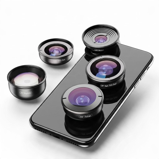 Mobilobjektiv sæt 5i1 Fisheye 195° Vidvinkel 170° og 110° Makro 10x Teleobjektiv 2x Med universal klip og etui Sort
