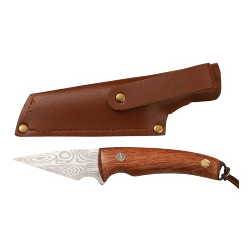 Couteau de greffage à lame pointue avec étui en cuir 17,4 cm Lame à un seul tranchant Lame en damas Poignée en bois de santal Marron