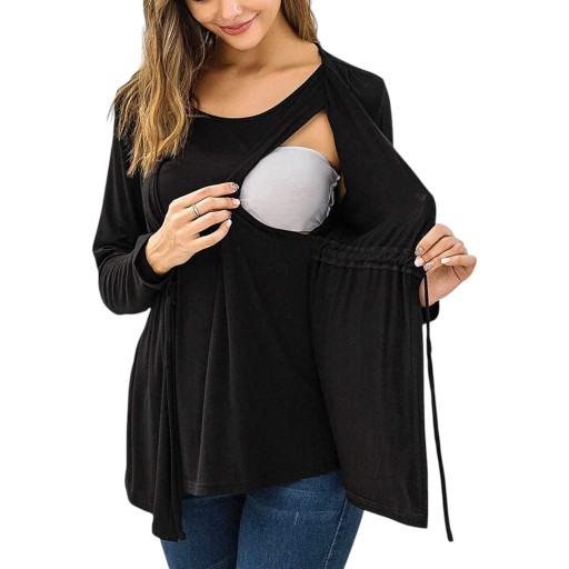 Camisola de amamentação de manga longa com abertura oculta para amamentação, camisola de duas camadas com cordão ajustável na cintura