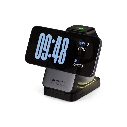 Käytännöllinen taitettava langaton laturi 3v1 yövalolla 15 W iPhone, Apple Watch ja AirPods musta ja harmaa USB-C-kaapelilla