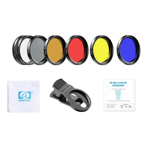 Filterset für Mobilgeräte 37 mm 7in1 APEXEL CPL ND32 Sternfilter und 4 Farbfilter mit Clip und Etui Aluminiumrahmen Schwarz Für kreative Fotografie