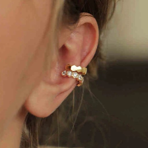 Conjunto de 2 pendientes sin perforación Aro con piedras brillantes y manchón facetado Ear cuff para cartílago Metal Color dorado para mujeres