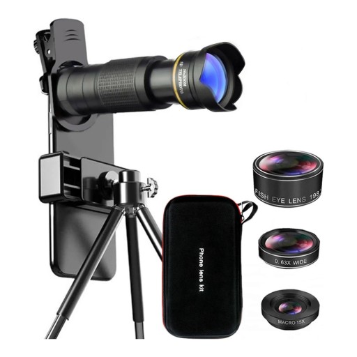 Teleobiettivo per mobile 36x con treppiede e set di 3 obiettivi Fish Eye 198° Grandangolare 0,63x Macro 15x Custodia con zip Nera Per viaggiare