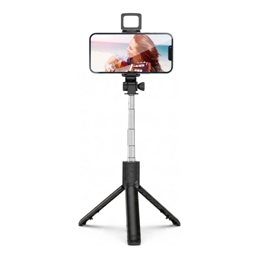 Baton selfie cu trepied 3 în 1 și lumină LED 70 cm Controler Bluetooth detașabil 10 m Suport rotativ 360° Oțel inoxidabil Negru pentru călătorii