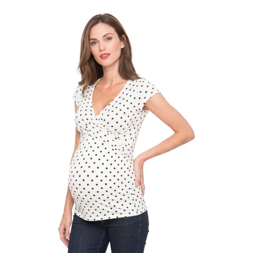 Dames zwangerschaps- en voedingsshirt met korte mouwen en stippenpatroon met een geplooide V-hals