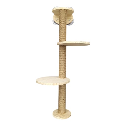 Sisal-Säule für Katzen mit Saugnäpfen 1 m mit 2 runden Plattformen 30 cm und Basis Massivholz und Sisal Kletter-Säule für das Fenster
