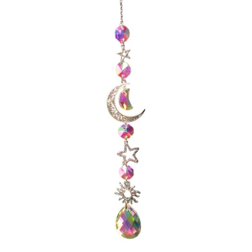 Atrapa de sol colgante de 43 cm con cristales de arcoíris Gran luna estrellas y sol Decoración de cristal para ventana Adorno rosa para habitación