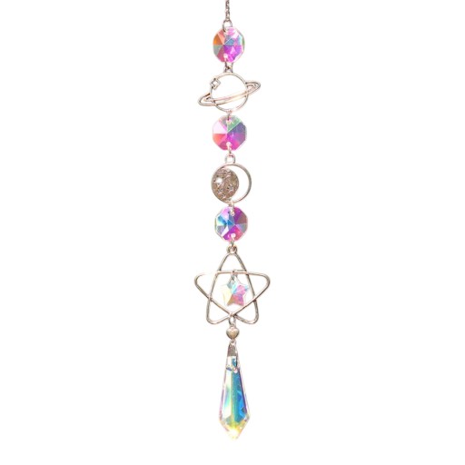 Atrapa de sol colgante de 40 cm con cristales de arcoíris Planeta, luna y estrella con prisma Decoración de cristal para ventana Adorno rosa