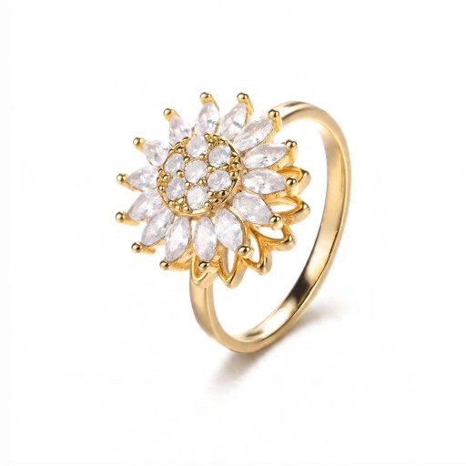 Anillo antiestrés giratorio girasol con circonitas Tamaño ajustable Acero inoxidable Joyería brillante para mujeres para el día a día