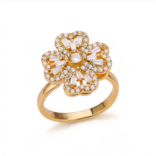 Anillo antiestrés giratorio flor con zircóns baguette Tamaño ajustable Acero inoxidable Joyería de lujo para damas en la noche