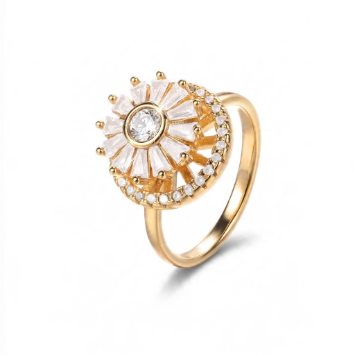 Anillo antiestrés giratorio flor redonda con zirconitas en forma de baguette Tamaño ajustable Acero inoxidable Color dorado Joyería de mujer