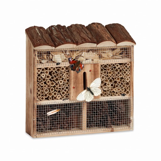 Hotel de insectos colgante 31 x 30,5 x 9,5 cm Casa para abejas y mariposas de madera de abeto carbonizada Techo con corteza Bambú y piñas