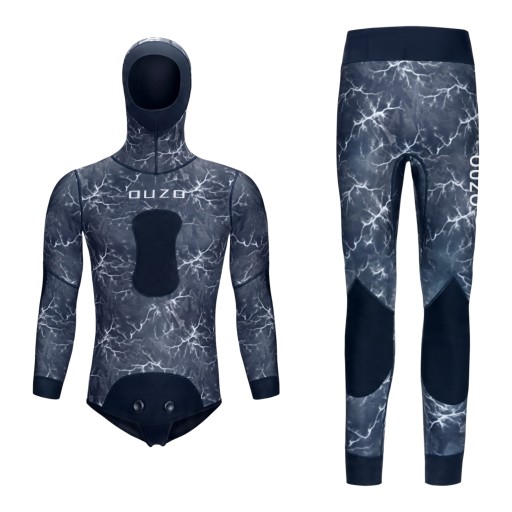 Men's Two-Piece 3 mm Neoprene Diving Suit with Hood and High-Waisted Trousers in Dark Blue with Pattern and Knee Protectors