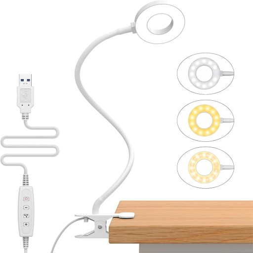 Lámpara LED circular con clip 23 LED 5 W Brazo flexible 40 cm 3 colores de luz 10 niveles de brillo Alimentación USB Para escritorio y lectura