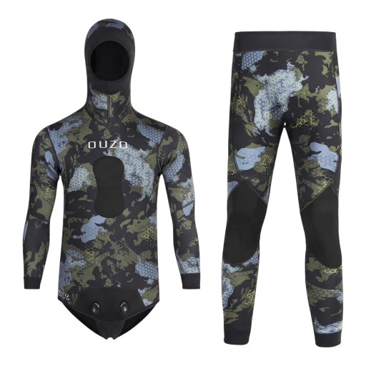 Men's Two-Piece 3 mm Neoprene Diving Suit with Green Camouflage Pattern, Hooded Jacket and Knee Protector Trousers